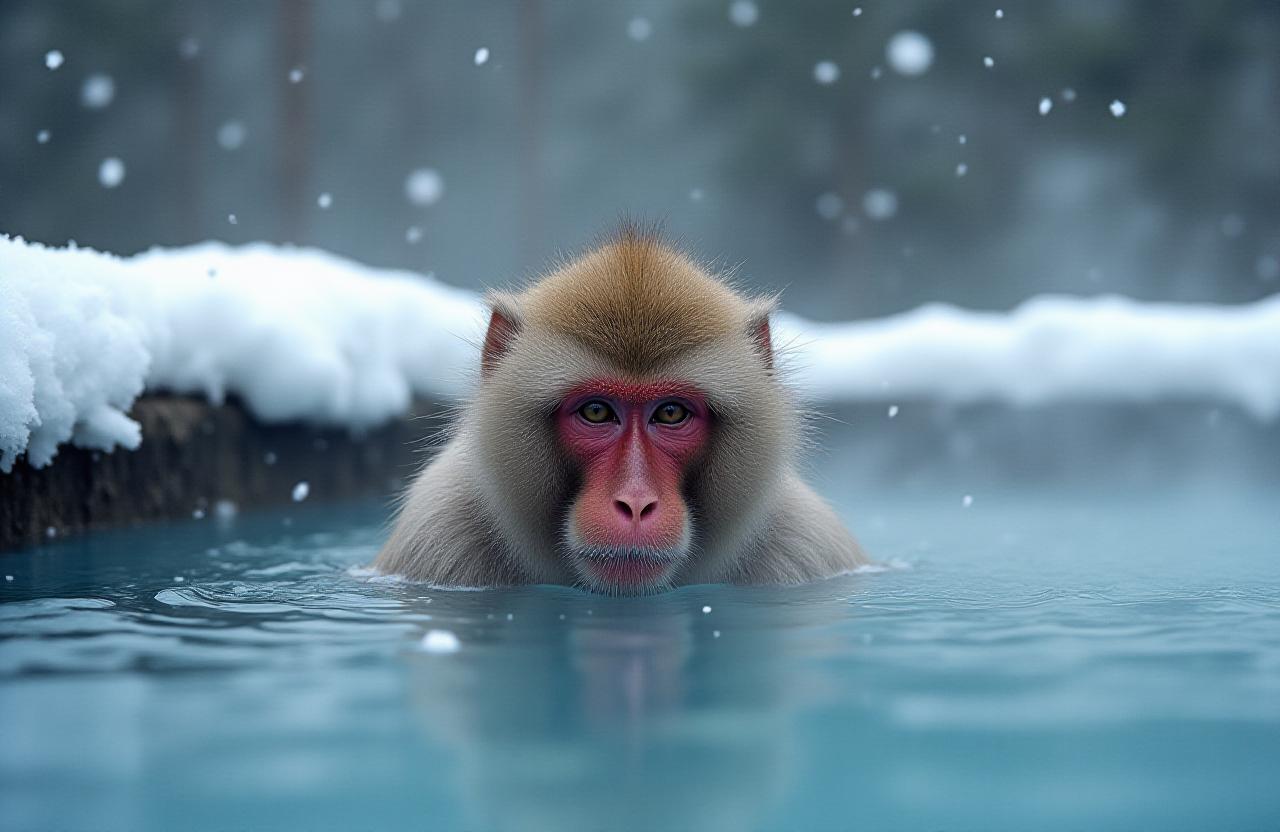 北海道の雪景色の中、温泉に浸かるニホンザル